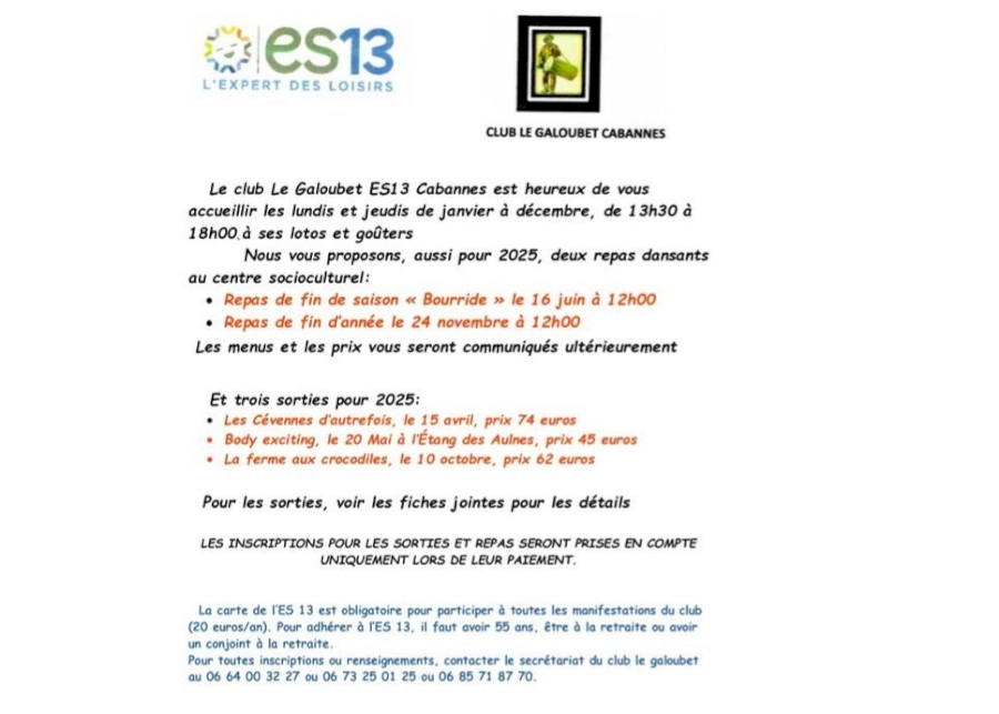 Programmes des ANIMATIONS 2025 de l'ES13 Club 