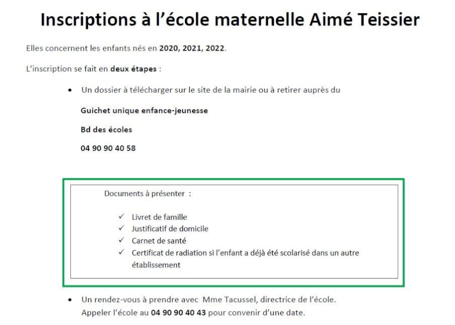 Inscription école maternelle