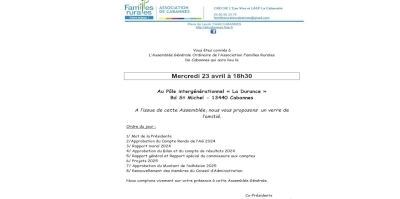 Assemblée générale - FAMILLES RURALES de CABANNES- Mercredi 23 Avril
